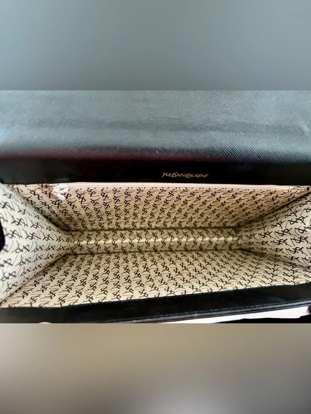 Saint Laurent Black Textured Leather Messenger Bag with Embossed YSL